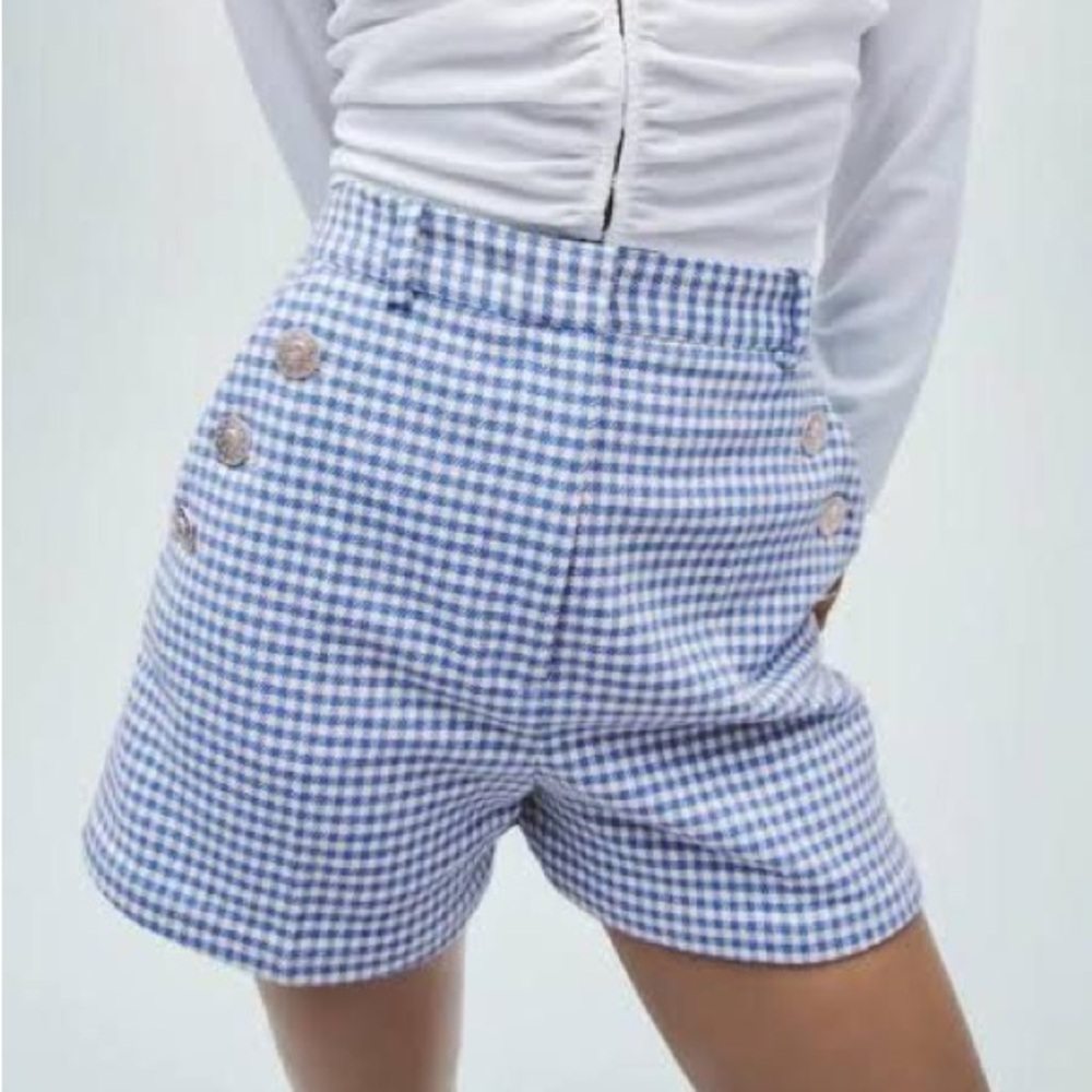 Blue Gingham Women's Shorts | High Waisted Shorts